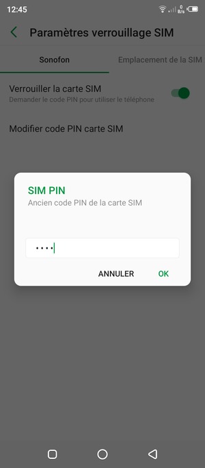 Saisissez votre Ancien code PIN carte SIM et sélectionnez OK