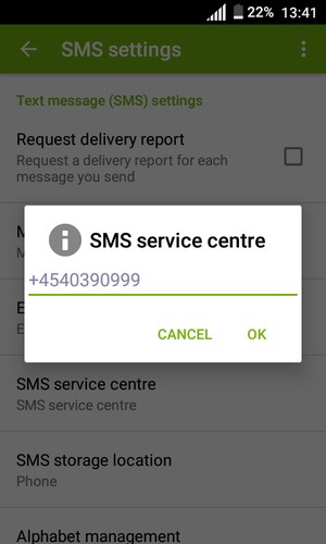 Enter the SMS service centre number and select OK