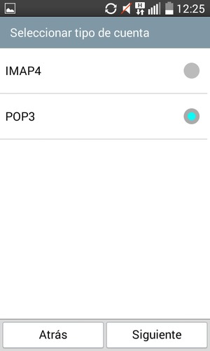 Seleccione IMAP4 o POP3 y seleccione Siguiente