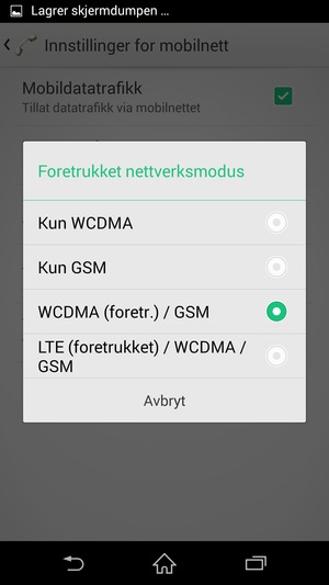 Velg Kun GSM for å aktivere 2G og WCDMA (foretr.) / GSM for å aktivere 3G