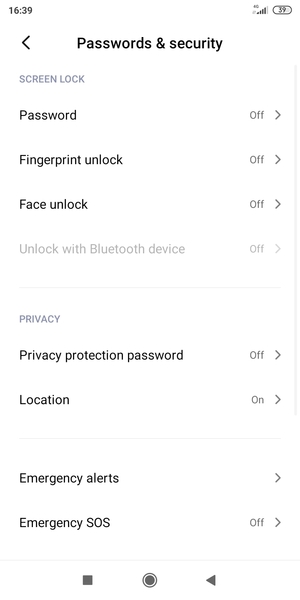 To activate your screen lock, go to the Passwords & security menu and select Password