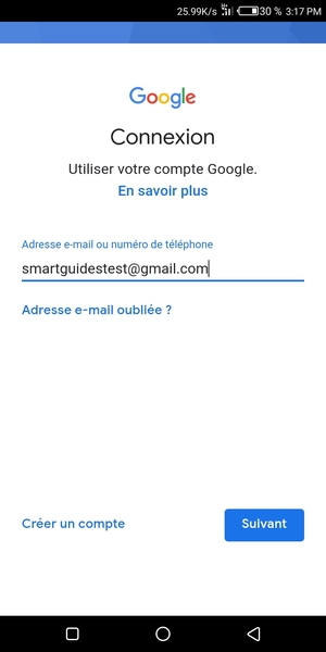 Saisissez votre adresse Gmail  et sélectionnez Suivant