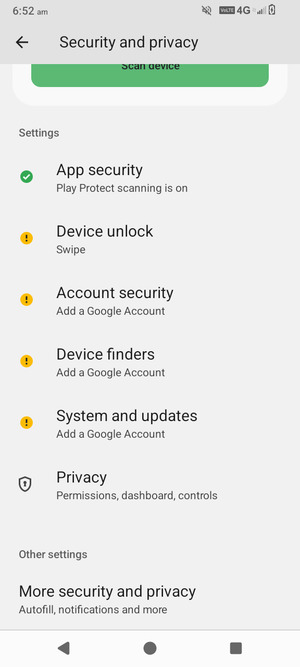To change the PIN for the SIM card, go to the Security and privacy menu and scroll to and select More security and privacy