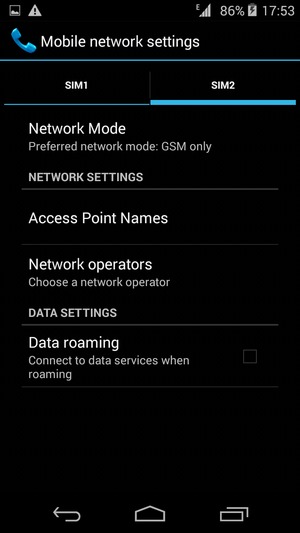 Select SIM1 or SIM2 and select Access Point Names