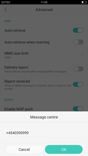 Enter the Message Centre number and select OK