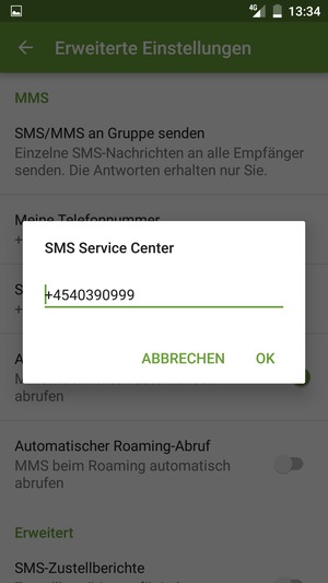 Geben Sie die SMS Service Center Nummer ein und wählen Sie OK