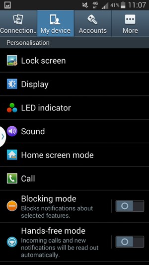 To activate your screen lock, go to the My device menu and select Lock screen