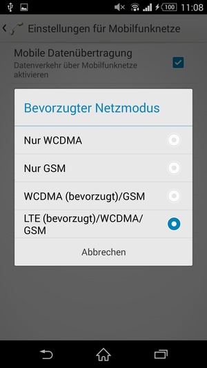 Wählen Sie WCDMA (bevorzugt)/GSM, um 3G zu aktivieren und LTE (bevorzugt)/WCDMA/GSM, um 4G zu aktivieren