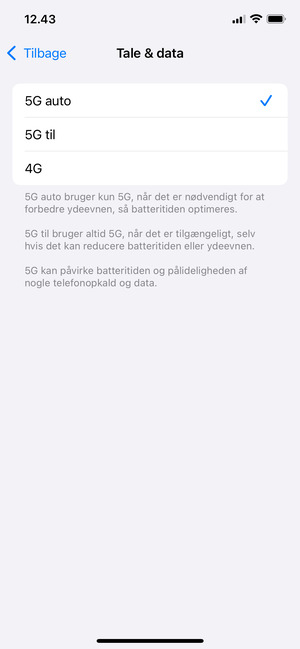 For at aktivere 5G, vælg 5G auto eller 5G til