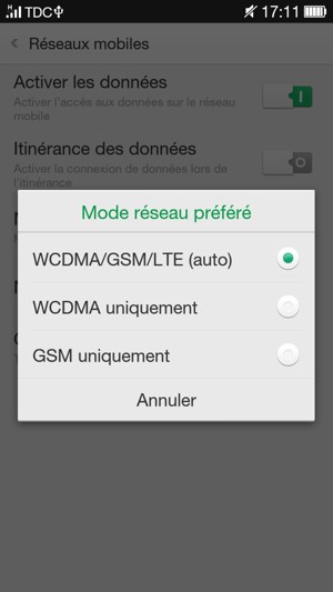 Sélectionnez WCDMA uniquement pour activer la 3G et WCDMA/GSM/LTE (auto) pour activer la 4G
