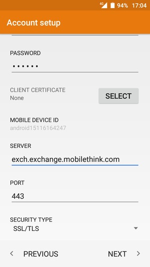 Scroll down and enter Exchange server address. Select NEXT