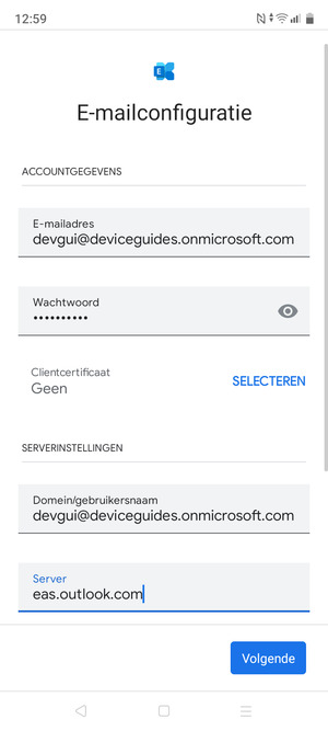 Voer Gebruikersnaam en Exchange serveradres in. Selecteer Volgende