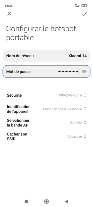 Saisissez un mot de passe de hotspot Wi-Fi d'au moins 8 caractères et sélectionnez OK