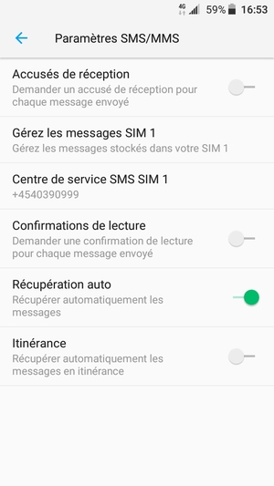 Sélectionnez Nº de centre de messagerie / Centre de service SMS SIM