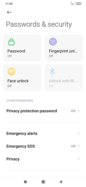 To activate your screen lock, return to the Passwords & security menu and select Password