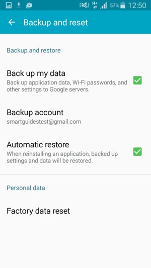 Check the Back up my data checkbox and select Backup account