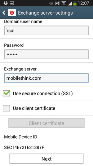 Enter Username and Exchange server address. Select Next
