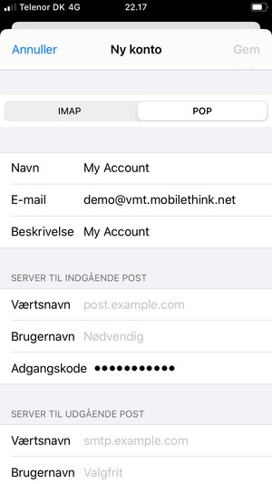 Vælg POP3 eller IMAP og indtast e-mail oplysninger for SERVER TIL INDGÅENDE POST