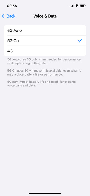 To enable 5G, select 5G Auto or 5G On