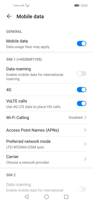 Scroll to SIM 1 or SIM 2 and select Preferred network mode