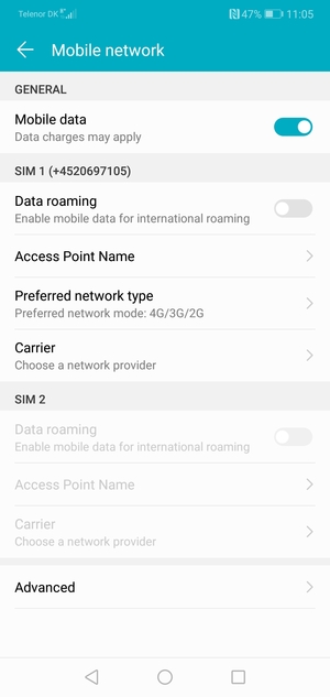 Scroll to SIM 1 or SIM 2 and select Access Point Name
