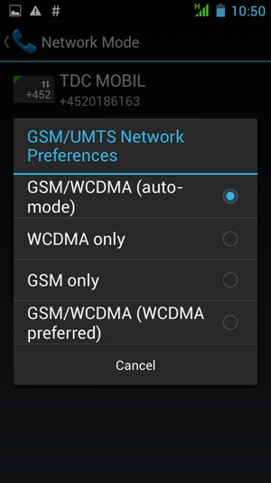 Select GSM only to enable 2G and WCDMA/GSM (WCDMA preferred) to enable 3G