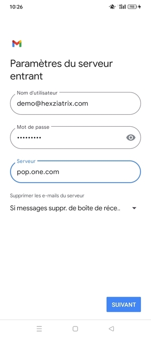 Saisissez votre Nom d'utilisateur et l'adresse du serveur entrant. Sélectionnez SUIVANT