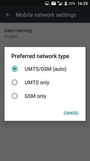 Select GSM only to enable 2G and UMTS/GSM (auto) to enable 3G