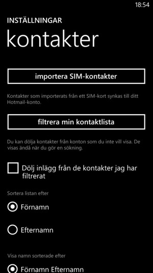 Välj importera SIM-kontakter