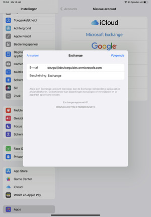 Voer uw Exchange e-mailgegevens in en selecteer Volgende