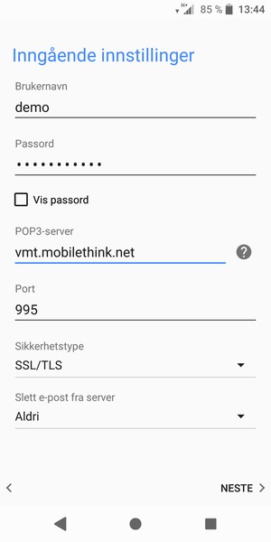 Skriv inn Brukernavn og innkommende serveradresse