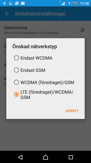 Välj LTE (föredraget)/WCDMA/GSM för att aktivera 4G