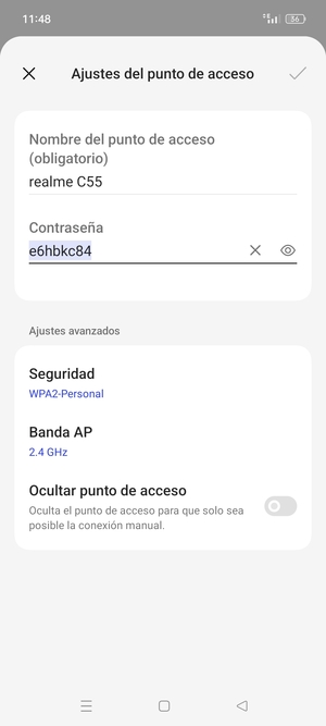 Introduzca una contraseña de punto de acceso Wi-Fi de al menos 8 caracteres y seleccione Aceptar