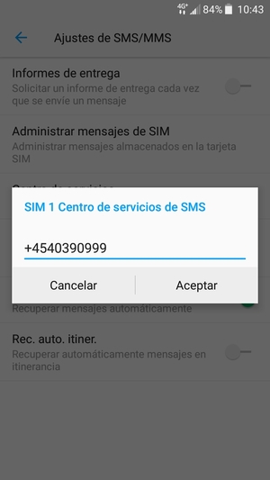 Introduzca el número de SIM Centro de servicios de SMS y seleccione Aceptar