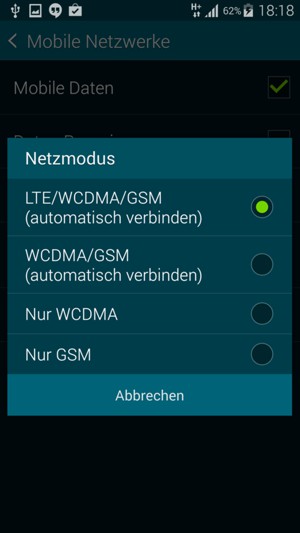 Wählen Sie WCDMA/GSM (automatisch verbinden), um 3G zu aktivieren und LTE/WCDMA/GSM (automatisch verbinden), um 4G zu aktivieren