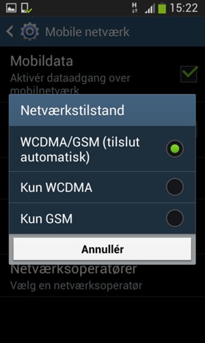 Vælg Kun GSM for at aktivere 2G og GSM/WCDMA (tilslut automatisk) for at aktivere 3G