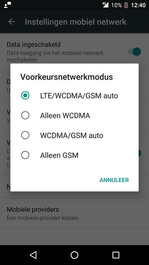Selecteer WCDMA/GSM auto om 3G in te schakelen en LTE/WCDMA/GSM auto om 4G in te schakelen