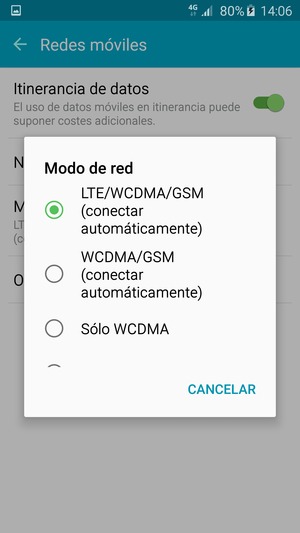 Seleccione WCDMA/GSM (conectar automáticamente) para habilitar 3G y LTE/WCDMA/GSM (conectar automáticamente) para habilitar 4G