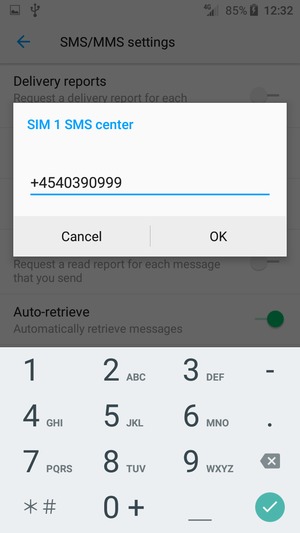 Enter the SIM SMS center number and select OK