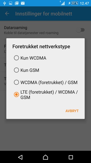 Velg LTE (foretrukket) / WCDMA / GSM for å aktivere 4G