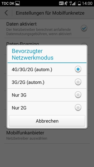 Wählen Sie 3G/2G (autom.), um 3G zu aktivieren und 4G/3G/2G (autom.), um 4G zu aktivieren