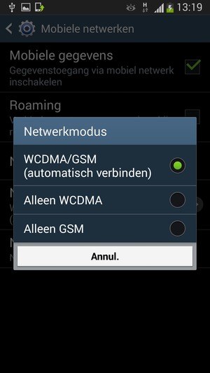 Selecteer Alleen GSM om 2G in te schakelen en WCDMA/GSM (automatisch verbinden) om 3G in te schakelen