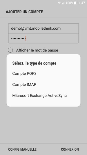 Sélectionnez Compte POP3 ou Compte IMAP