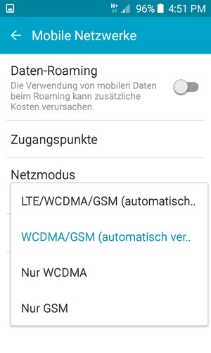 Wählen Sie Nur GSM, um 2G zu aktivieren und WCDMA/GSM (automatisch verbinden), um 2G/3G zu aktivieren