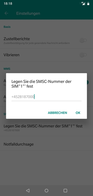 Geben Sie die SMSC-Nummer der SIM  ein und wählen Sie OK