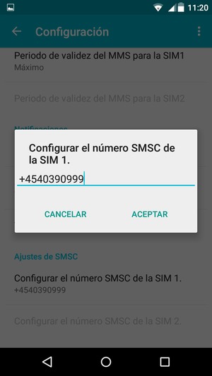 Introduzca el número SMSC de la SIM y seleccione ACEPTAR
