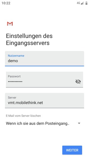 Geben Sie Nutzername und die Server-Adresse für eingehende Post ein. Wählen Sie WEITER