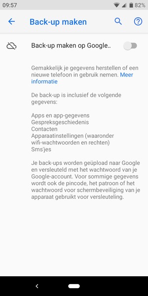 Schakel Back-up maken op Google.. in