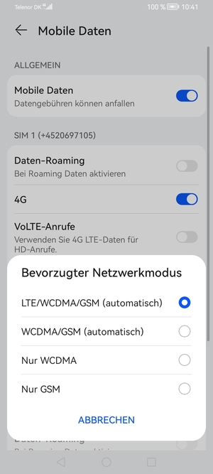 Wählen Sie WCDMA/GSM (automatisch), um 3G zu aktivieren und LTE/WCDMA/GSM (automatisch), um 4G zu aktivieren