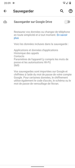 Activer le Sauvegarder sur Google Drive